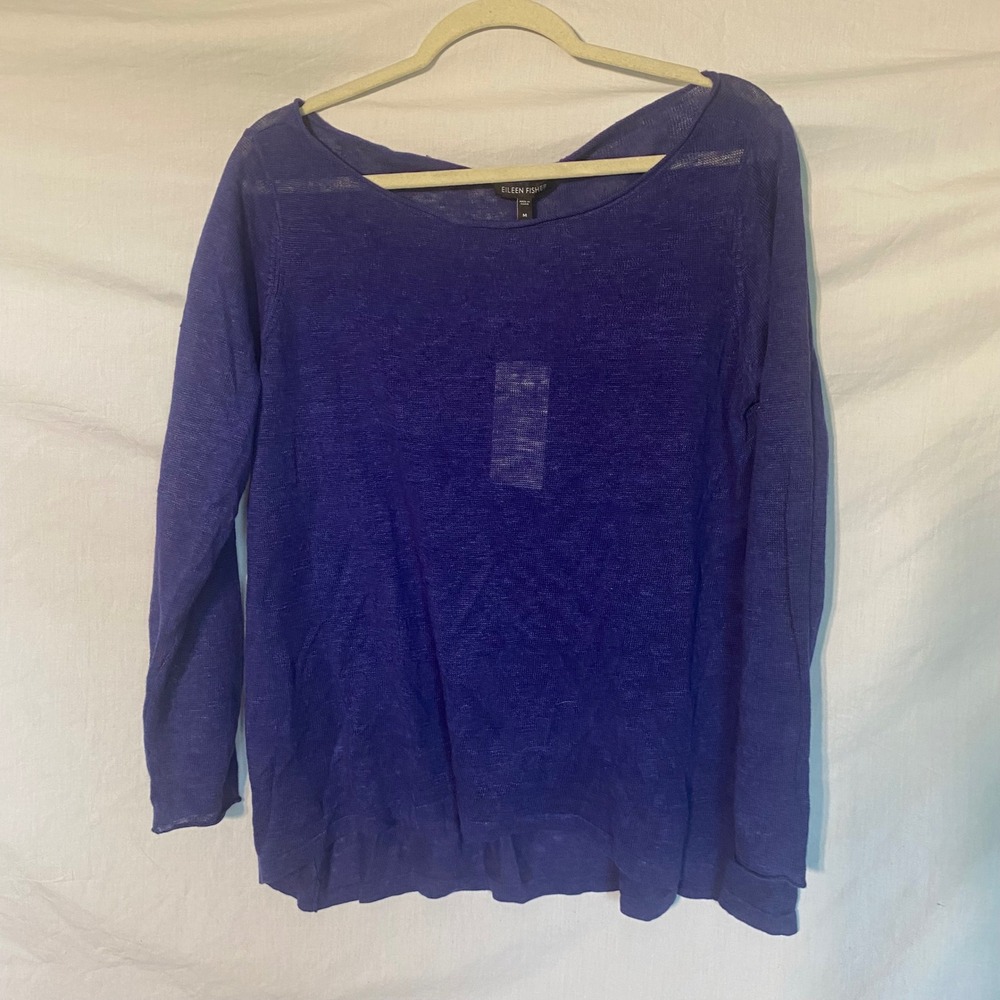 Eileen Fisher Womens Sapphire Blue 100% Linen Ballet Neck Sweater S2LWL-W1998M M